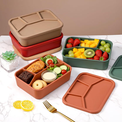 Honeydak 6 Pcs Silicone Bento Box Reusable Lunch Container 4 Compartment Snack Boxes with Lid Smooth LeakProof Rectangle Food Boxes for Adult Work Travel Food Storage (Cute Color)