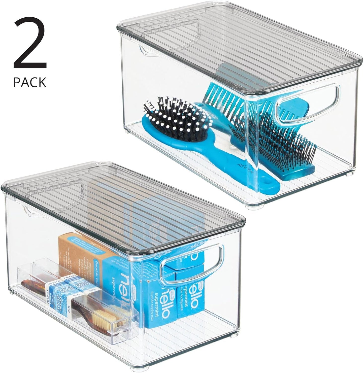 mDesign Deep Plastic Bathroom Storage Bin Box, Lid/Built-in Handles, Organization for Makeup, Hair Styling Tools, Toiletry Accessories in Cabinet, Shelves, Ligne Collection, 8 Pack, Clear
