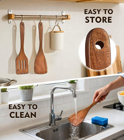 Wooden Spatula, Acacia Solid & Slotted Turner Spatula Set, Long Handle Flat Frying Spatulas, Ideal Kitchen Gift for Mother and Grandma, Kitchen Utensils Set for Cooking, Frying, Baking