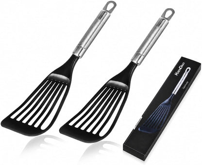 KSENDALO Thin Flexible Fish Spatula for Nonstick Cookware, Black | Egg Flipper Turner w/Hollow Steel Handle, Slotted Angled LFGB Complaint Nylon Blade, Dishwasher Safe, Silver Handle