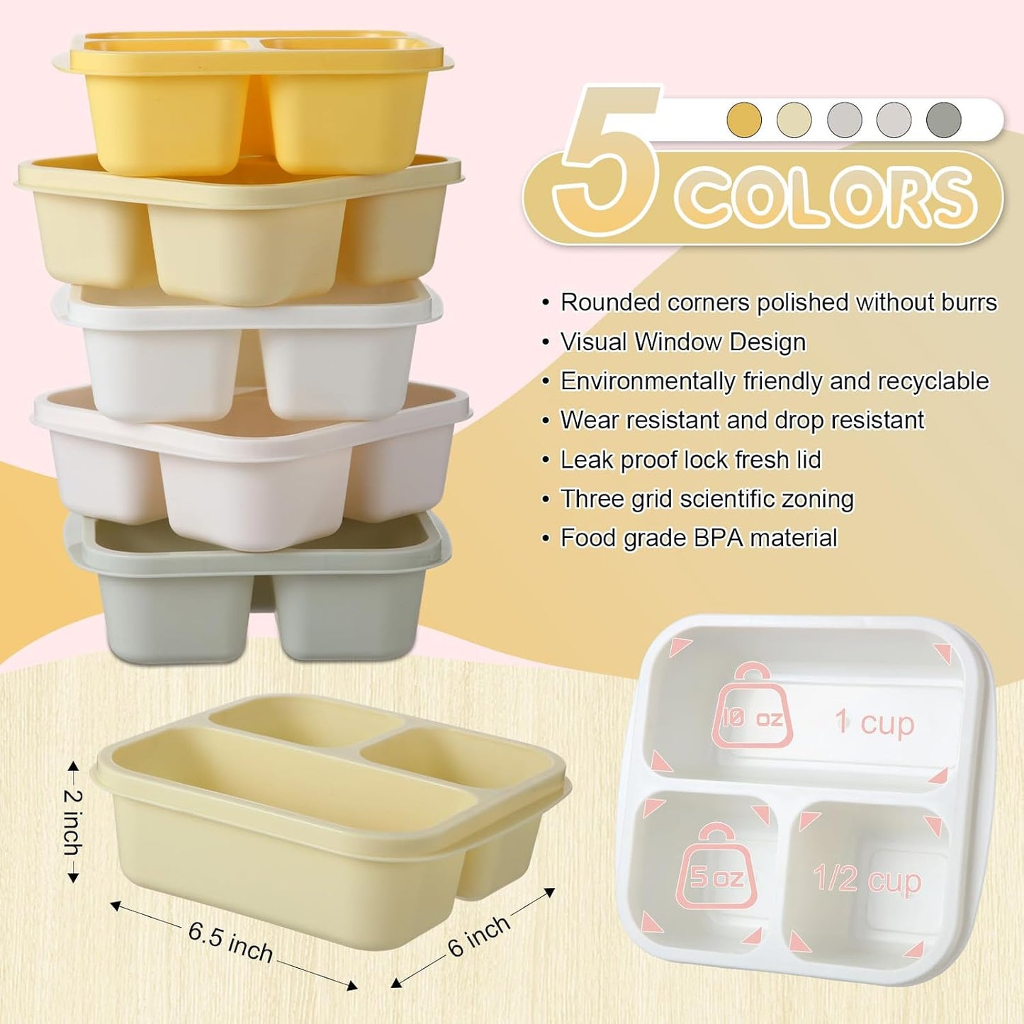 Honeydak 5 Pack Snack Containers 3 Compartment Bento Snack Boxes Divided Meal Prep Containers with Lids Reusable Adults Lunch Food Storage Box for School Work Travel(Elderberry)
