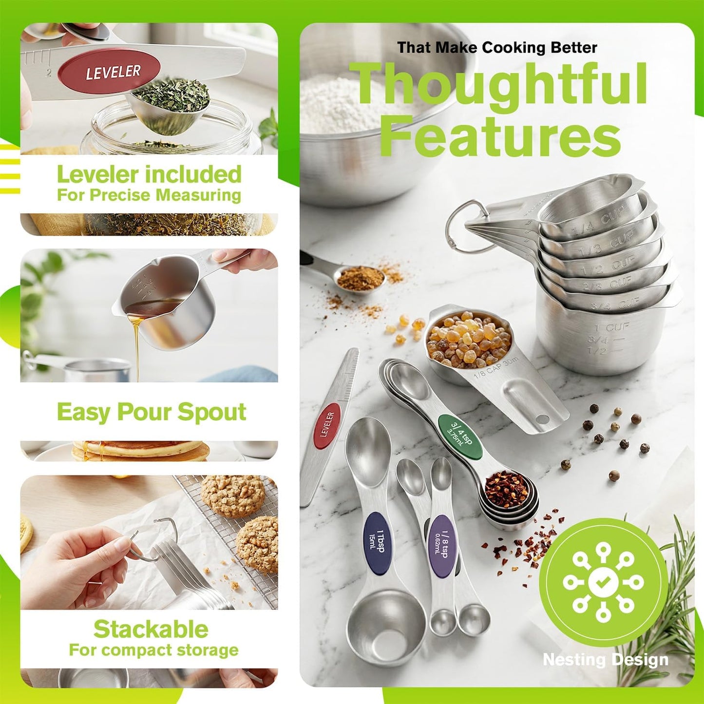 ChefAide Pack of 8 Stainless Steel Magnetic Measuring Spoons Set, Dual Sided, Stackable, Adjustable Teaspoon and Tablespoon Measure Spoon with Leveler, Kitchen Gadgets
