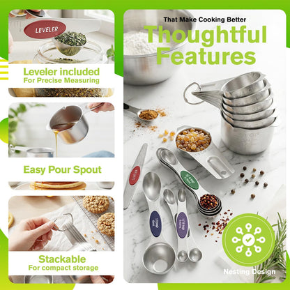 ChefAide Pack of 8 Stainless Steel Magnetic Measuring Spoons Set, Dual Sided, Stackable, Adjustable Teaspoon and Tablespoon Measure Spoon with Leveler, Kitchen Gadgets