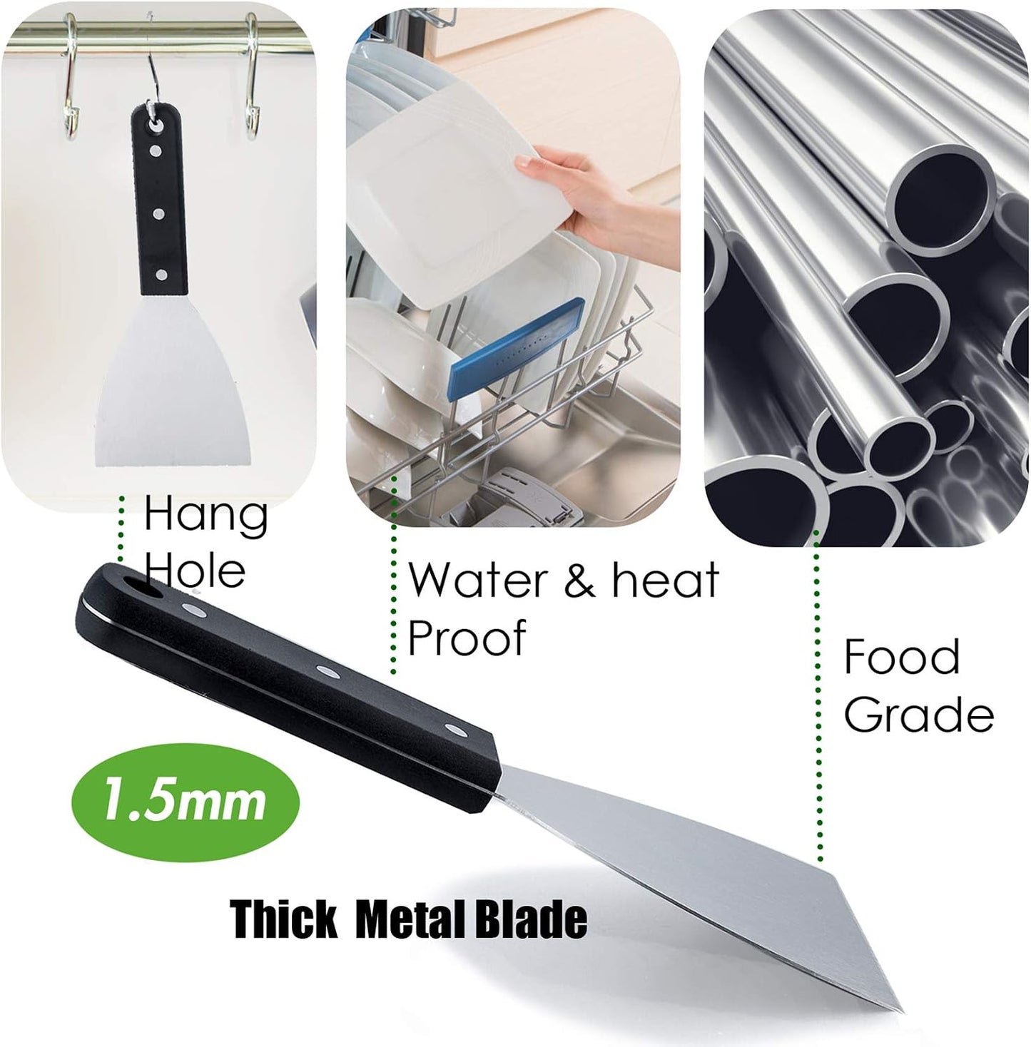 Grill Griddle Scraper Set of 2, Leonyo Stainless Steel Versatile Metal flat Top Grill Scraper for Dough Pancake Pizza Teppanyaki BBQ Home Baking Cooking, Slant Edge & Dishwasher Safe