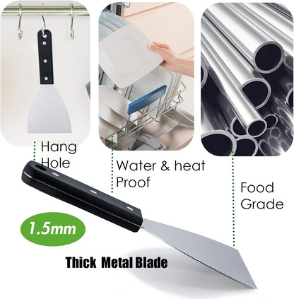 Grill Griddle Scraper Set of 2, Leonyo Stainless Steel Versatile Metal flat Top Grill Scraper for Dough Pancake Pizza Teppanyaki BBQ Home Baking Cooking, Slant Edge & Dishwasher Safe