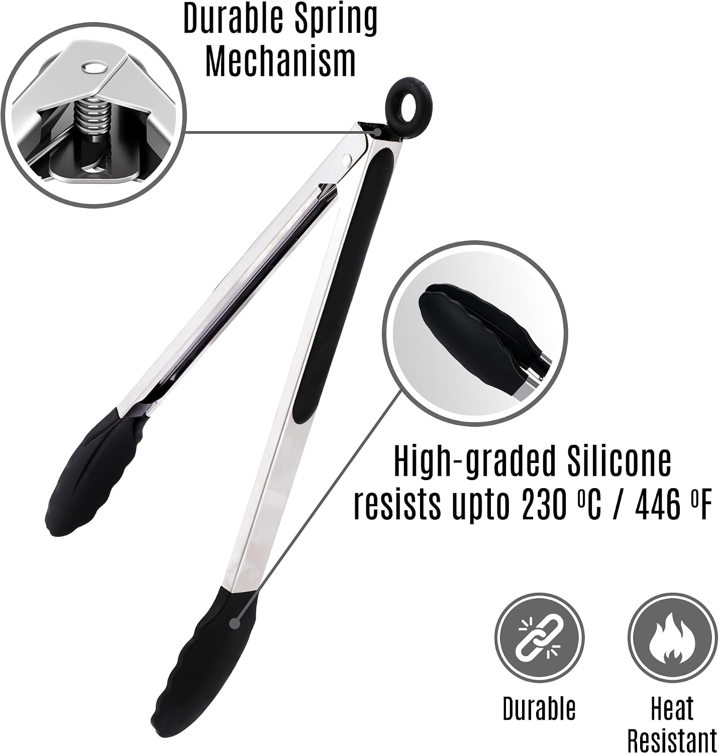 Pack of 3 Stainless Steel Kitchen Tongs with Silicone Tips – Non-Stick Cooking, Grilling & BBQ Tongs for Serving, Dishwasher Safe, 7", 9" & 12", Black