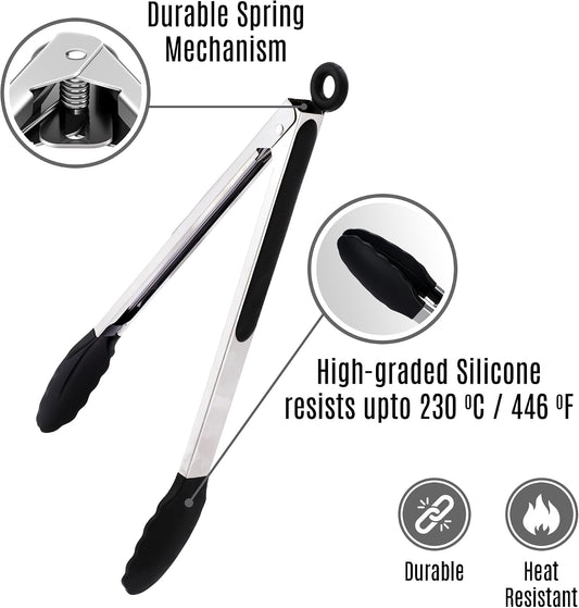 Pack of 3 Stainless Steel Kitchen Tongs with Silicone Tips – Non-Stick Cooking, Grilling & BBQ Tongs for Serving, Dishwasher Safe, 7", 9" & 12", Black