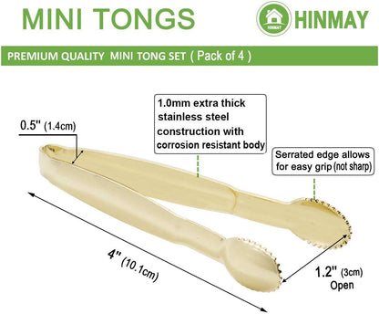 HINMAY Mini Appetizer Tongs 5.75" Stainless Steel Tongs, Set of 4 (Gold)