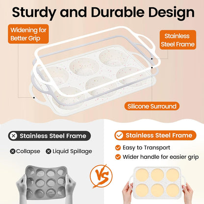 Silicone Muffin Pans With Metal Reinforced Frame - 24 Cups Durable Silicone Baking Pan for Muffins, Cupcakes, BPA Free and Dishwasher Safe - Beige with Rainbow Spots, Set of 2
