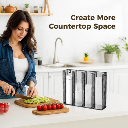 Wall Mount Portion Sauce Cup Lid Organizer, Black Metal Mesh Sauce Cup Dispenser, 4 Compartment for Stacking Plastic Disposable Cup and Lid Storage For Kitchen Restaurant Coffee Bar,Easy Installatio