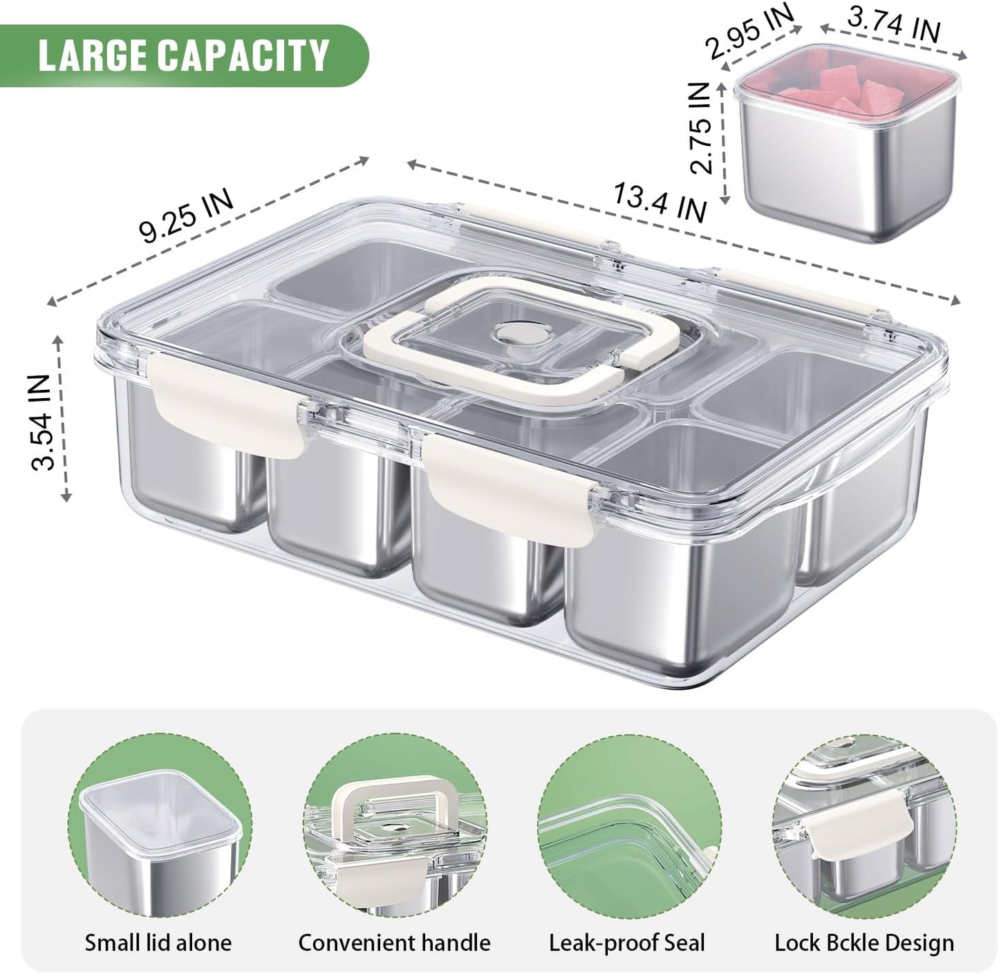 Snackle Box Container, 304 Stainless Steel Divided Serving Tray with Lid and Handle, Portable 8 Compartments Veggie Tray for Fruits,Veggies,Nuts &Candy, Dishwasher Safe for Travel,Picnic,Beach&Parties