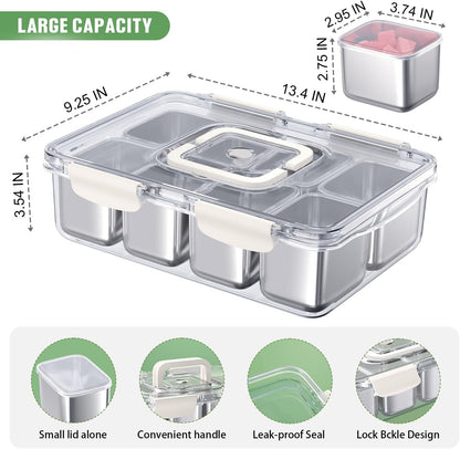 Snackle Box Container, 304 Stainless Steel Divided Serving Tray with Lid and Handle, Portable 8 Compartments Veggie Tray for Fruits,Veggies,Nuts &Candy, Dishwasher Safe for Travel,Picnic,Beach&Parties