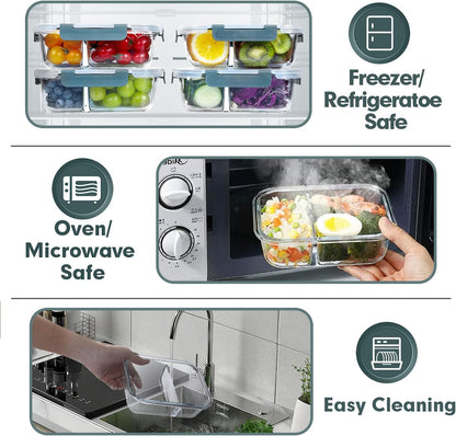 VERONES 10 Pack Glass Meal Prep Containers 2 Compartment Set, 30 OZ Airtight Glass Lunch Containers, Glass Food Storage Containers with Lids, for Microwave, Oven, Freezer & Dishwasher Friendly，Grey