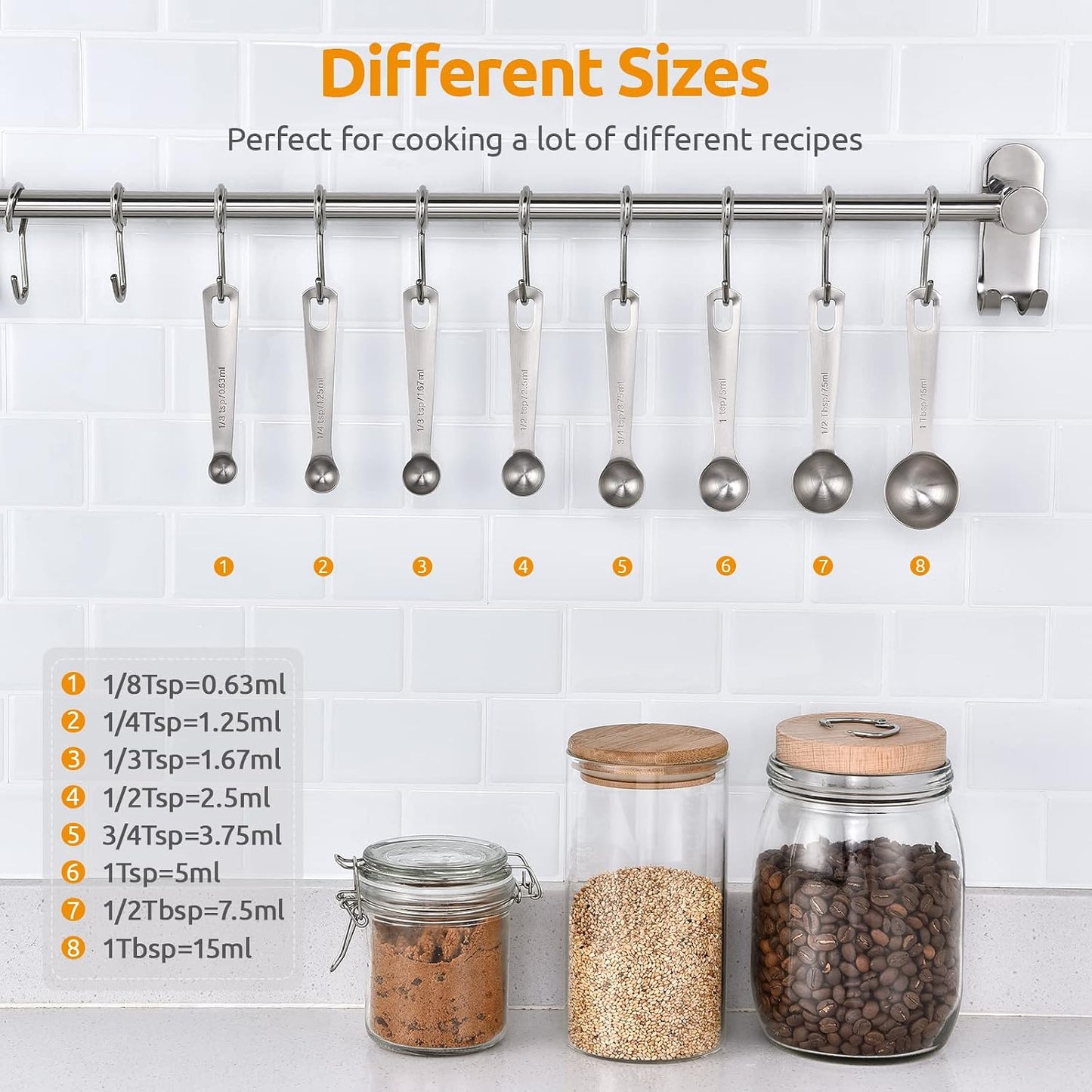 Measuring Spoons: U-Taste 18/8 Stainless Steel Measuring Spoons Set of 9 Piece: 1/16 TSP, 1/8 TSP, 1/4 TSP, 1/3 TSP, 1/2 TSP, 3/4 TSP, 1 TSP, 1/2 tbsp & 1 tbsp Dry and Liquid Ingredients