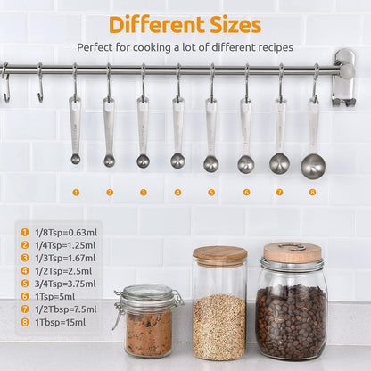Measuring Spoons: U-Taste 18/8 Stainless Steel Measuring Spoons Set of 9 Piece: 1/16 TSP, 1/8 TSP, 1/4 TSP, 1/3 TSP, 1/2 TSP, 3/4 TSP, 1 TSP, 1/2 tbsp & 1 tbsp Dry and Liquid Ingredients