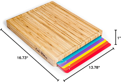 Bamboo Cutting Board Set with 6 Color Coded Flexible Mats Food Icons, BPA-Free Non Slip Easy Clean Cutting Boards for Kitchen with Holder, Dishwasher Safe, Meal Prep & Serving, Large | Cooler Kitchen