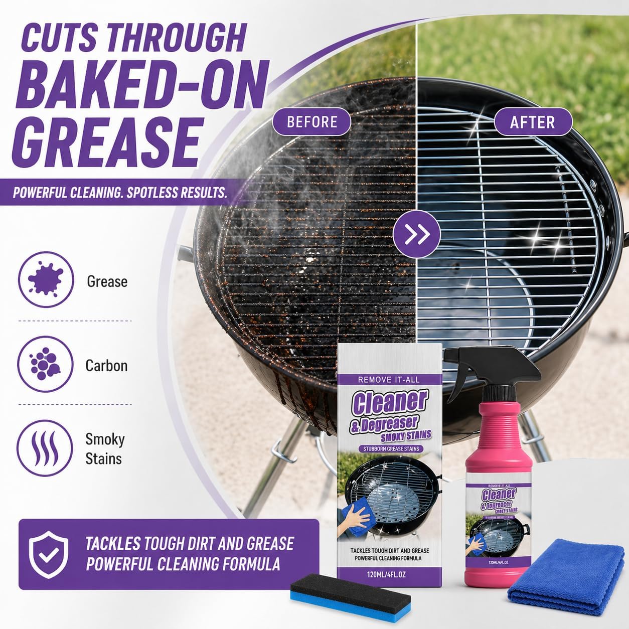 Heavy Duty Grill Cleaner Spray, BBQ Grill Degreaser and Grease Remover for Outdoor Grills, Fast Acting Formula for Grates, Smokers, Drip Pans, Stainless Steel and Porcelain Enamel (1)