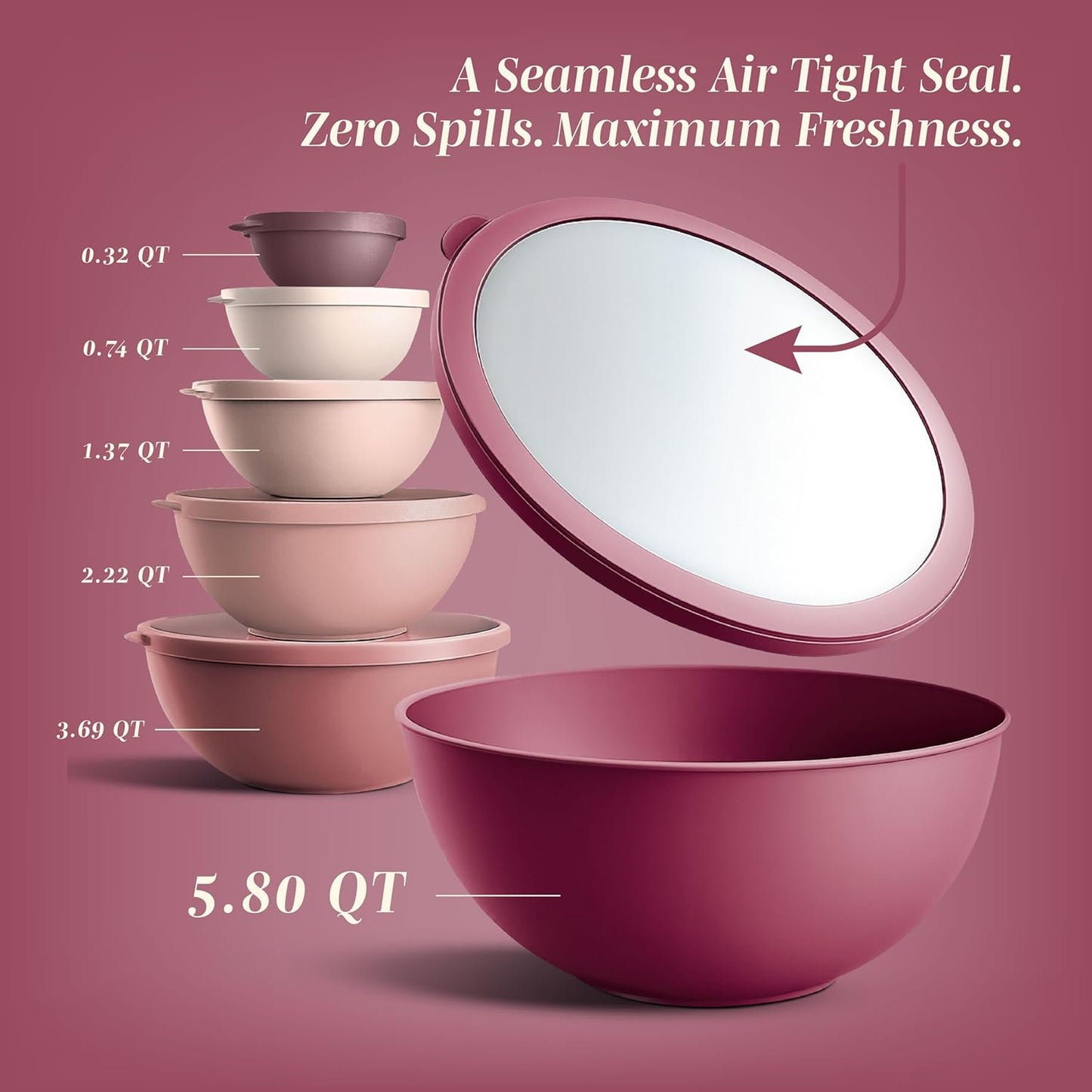 COOK WITH COLOR Mixing Bowls with Lids - 12 Piece Plastic Nesting Bowls Set includes 6 Prep Bowls and 6 Lids, Microwave Safe Mixing Bowl Set, Pink Embossed - Colors A