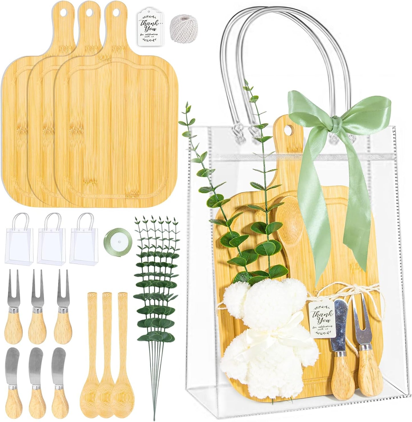 4 Set Baby Shower Game Prizes for Game Winners Adults, Bamboo Mini Charcuterie Boards with Spoon Fork Towel & Gift Bags, Bridal Shower Prizes Gifts for Guests - All-in-One Adult Party Favors