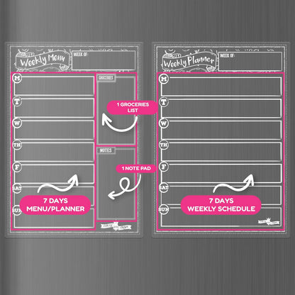 CHALKY CROWN Acrylic Magnetic Weekly Planner for Fridge - Menu Board for Kitchen with 8 Magnetic Markers - Weekly Meal Planner for Fridge with Grocery List & Notepad - Menu Planner (14.5x10.2)