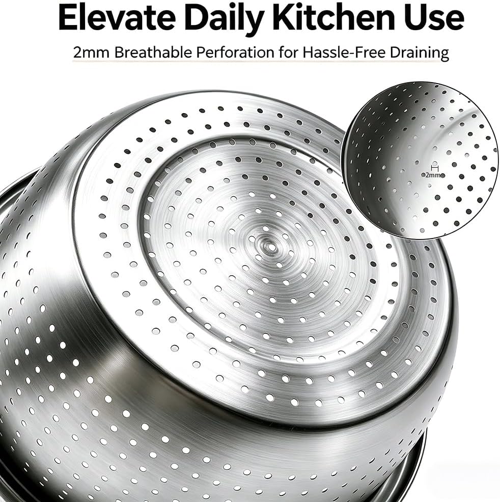 4-Piece Stainless Steel Mixing Bowls and Microporous Colanders Set, 3QT & 5QT Nesting Bowls with Fine Drain Strainers for Washing Rice, Fruits, Vegetables, Pasta, and More
