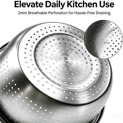 4-Piece Stainless Steel Mixing Bowls and Microporous Colanders Set, 3QT & 5QT Nesting Bowls with Fine Drain Strainers for Washing Rice, Fruits, Vegetables, Pasta, and More