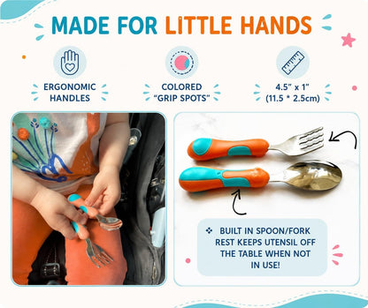 kinsho Toddler Utensils - Kids Silverware Set with Travel Case 3 pack - Stainless Steel Forks Spoons for 1 2 3 4 Years Old. Metal Lunch Box Cutlery for Children Girls, Round Handle, 6 Pieces Pink Blue