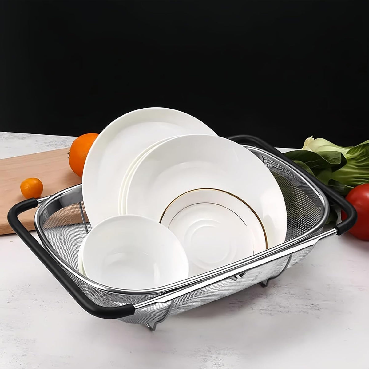 Over The Sink Colander, Stainless Steel Fine Mesh Expandable Colander, Sink Colander for Kitchen, 6-Quart Expandable Strainer Over The Sink for Straining, Draining, Rinsing Fruits And Vegetables