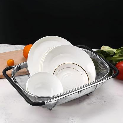 Over The Sink Colander, Stainless Steel Fine Mesh Expandable Colander, Sink Colander for Kitchen, 6-Quart Expandable Strainer Over The Sink for Straining, Draining, Rinsing Fruits And Vegetables