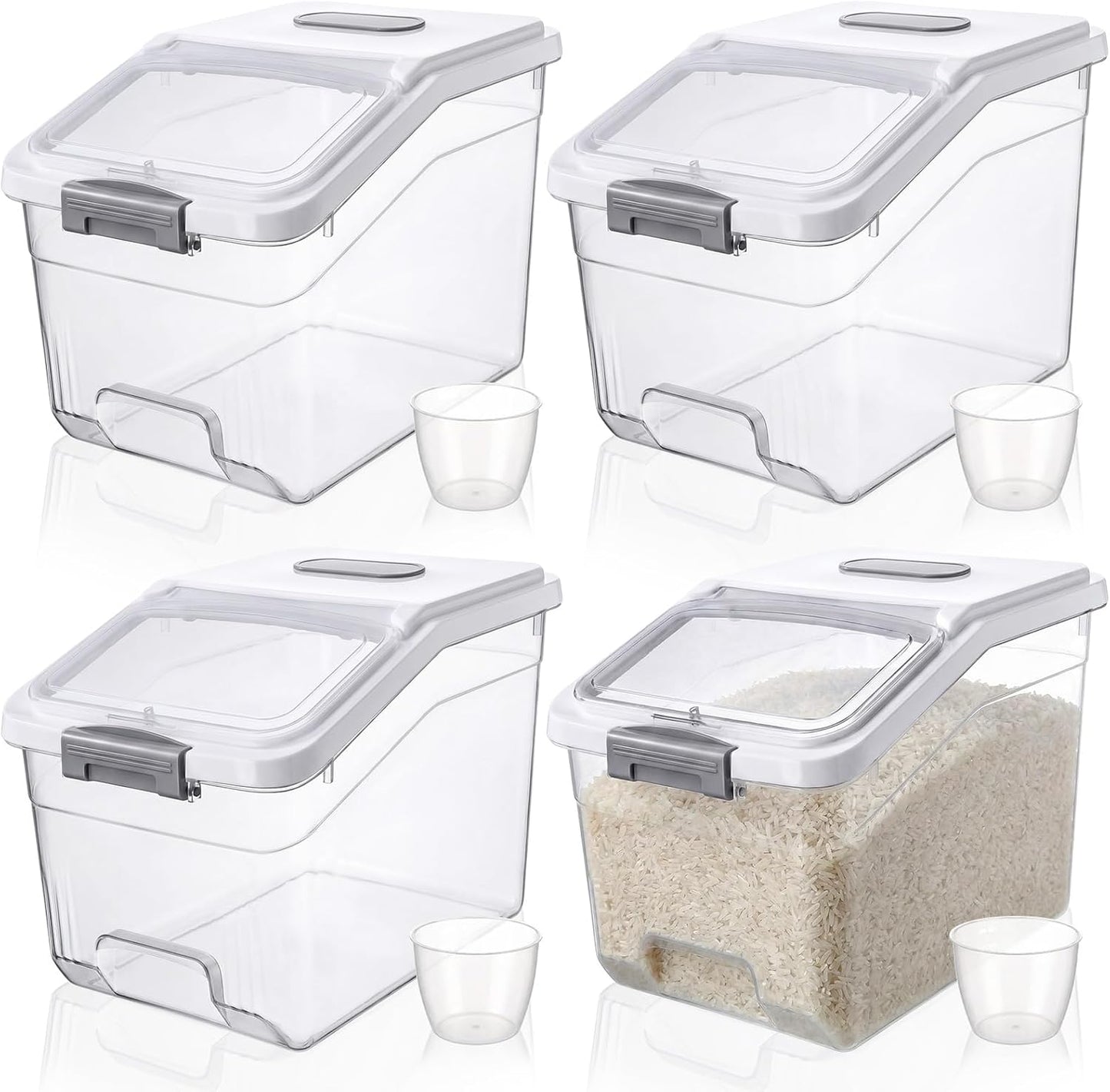 Blushtier 4 Pack Large Rice Storage Containers 30 Lbs Airtight Flour Container with Seal Locking Lid and Measuring Cup Kitchen Dry Food Storage Bins for Cereal Sugar Beans(Transparent White)