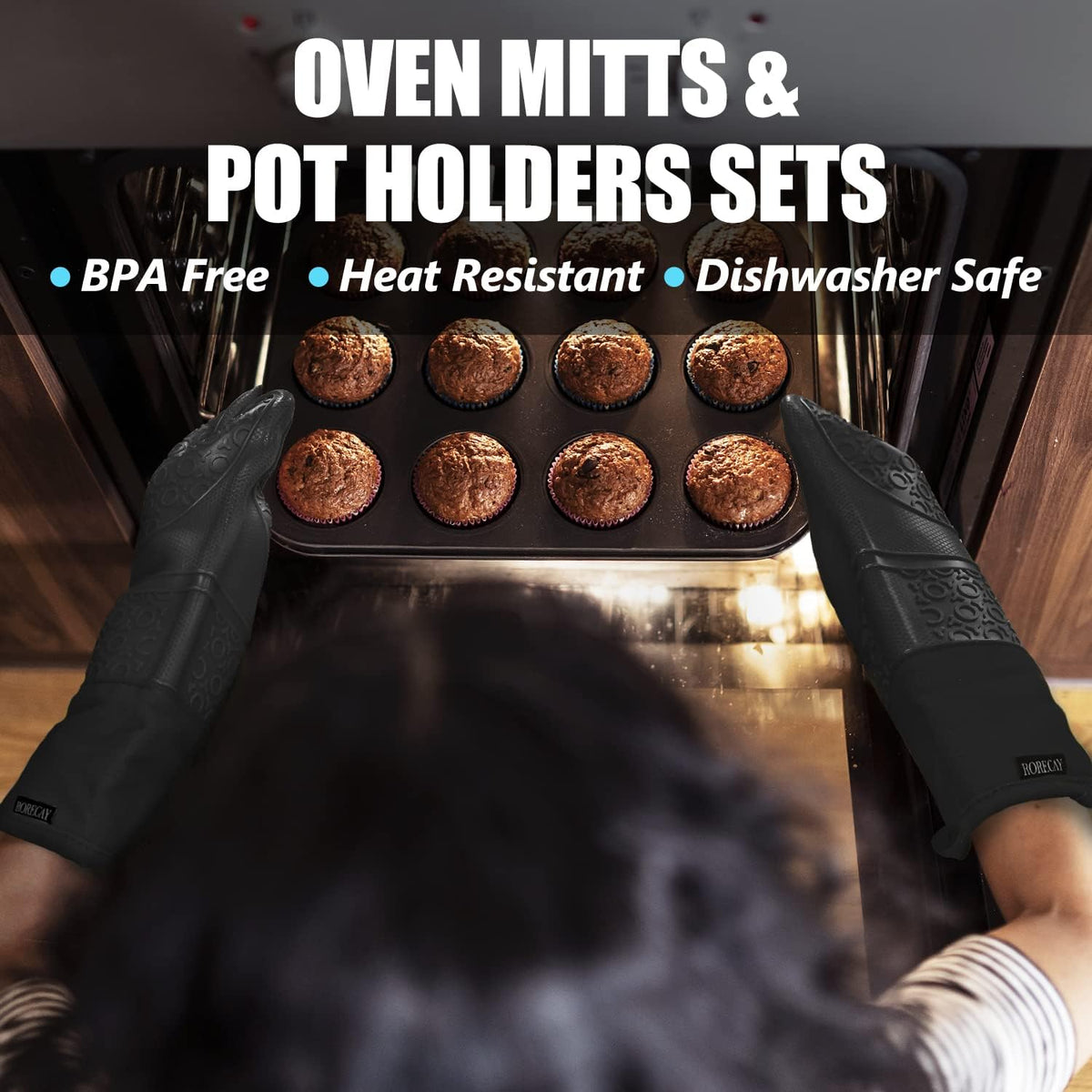 RORECAY Silicone Oven Mitts and Pot Holders Sets, Gloves for Kitchen, Beige