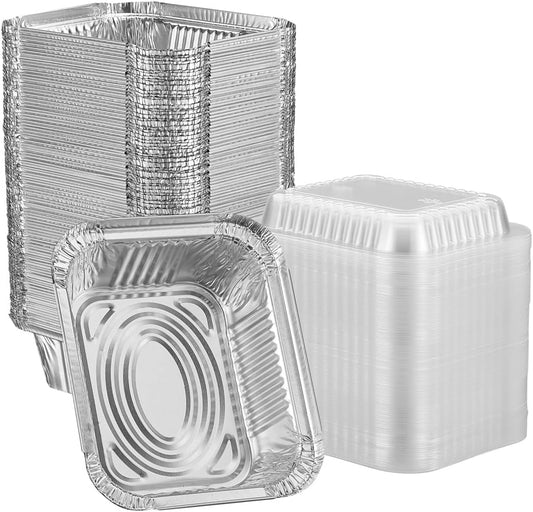 GUSTO [1 lb - 50 Count Disposable Aluminum Foil Pans with Clear Dome Lids, 5x4 Takeout Pans – Great for Baking, Cooking, Storage, and Freezing (Formerly Comfy Package)
