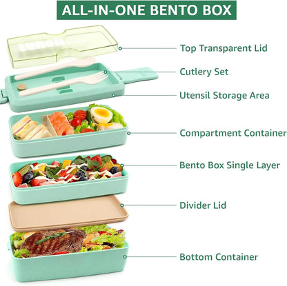 Bento Box Japanese Lunch Box Kit Leakproof Bento Lunch Box for Kids Adults Wheat Straw 3 Layer Stackable Lunch Containers with Compartment Eco-Friendly Meal Prep Containers (Beige)