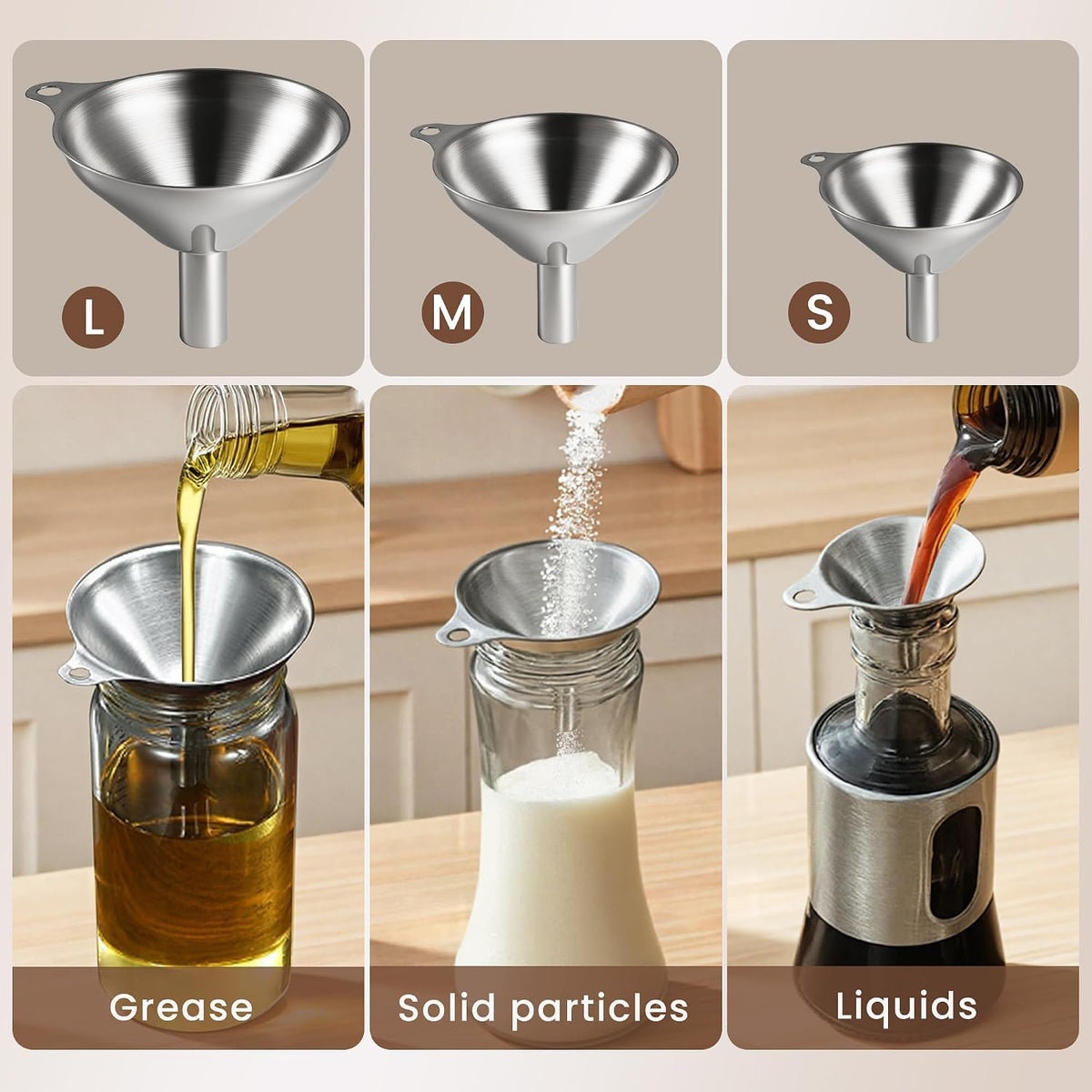 Supercenter Kitchen Funnel, Mini Funnel, Set of 3, Round Ring & Clean Brush