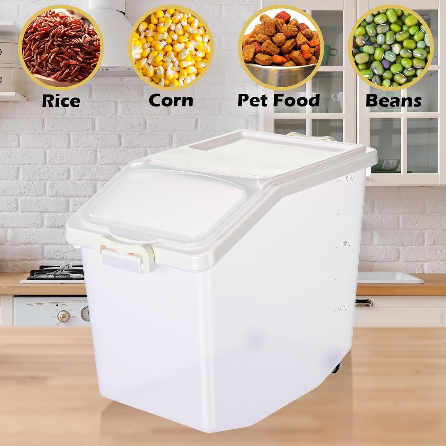 Sunnyray 4 Pcs Rice Storage Container 27.5 lb Airtight Flour Container with Wheels Measuring Cup White Pet Food Dog Cat Birds Food Bin Grain Cereal Organizer Box for Dry Baking Supplies