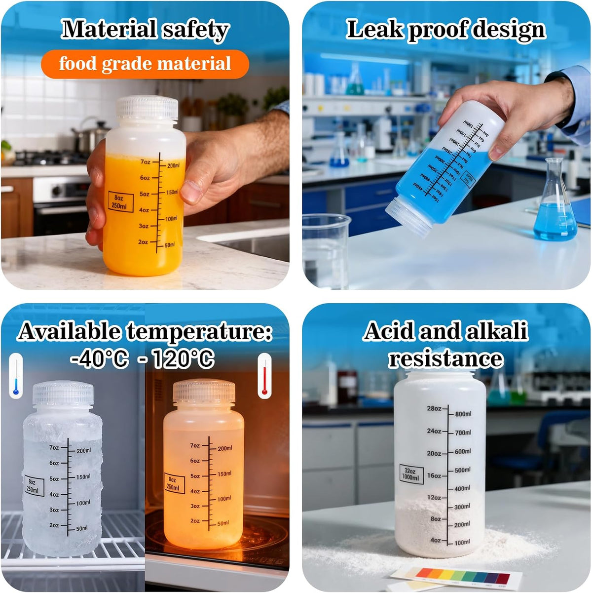 34oz/1000ml Wide Mouth Plastic Bottles with Airtight Lids, Graduated Food Grade Leak Proof PP Containers Jars for Water Sample Lab Reagent Liquid Medicine Storage (Transparent, 3 Pcs)