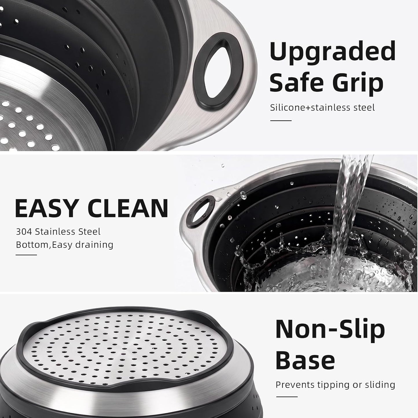 Collapsible Colander Set with Silicone Mat,2-in-1 Stainless Steel Colander for Kitchen, Foldable Metal Colander, Space-Saving for Pasta Veggies Fruit(NAVY BLUE)