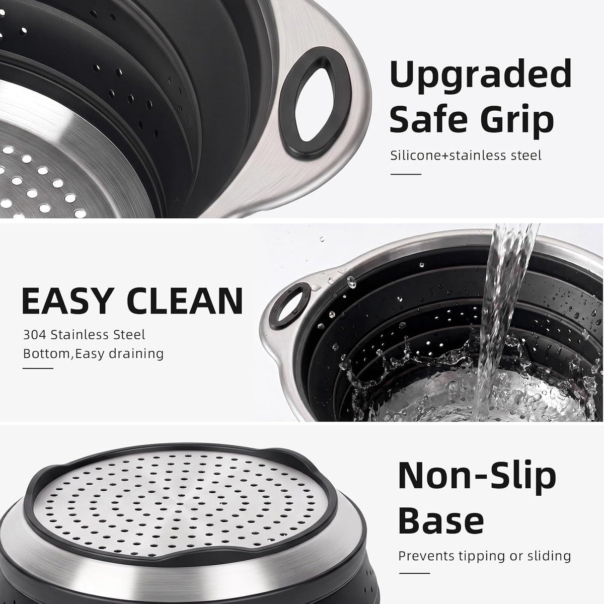 Collapsible Colander Set with Silicone Mat,2-in-1 Stainless Steel Colander for Kitchen, Foldable Metal Colander, Space-Saving for Pasta Veggies Fruit(NAVY BLUE)