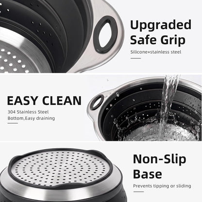 Collapsible Colander Set with Silicone Mat,2-in-1 Stainless Steel Colander for Kitchen, Foldable Metal Colander, Space-Saving for Pasta Veggies Fruit(NAVY BLUE)