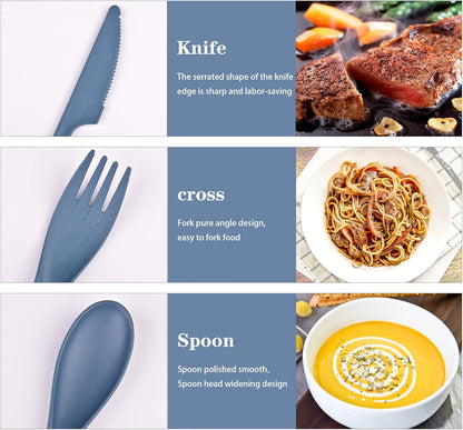 2 Sets Reusable Utensil Set with Case, Portable Plastic Spoons Fork Knife Camping Utensils for Lunch Box Accessories for Kids Adults Travel Picnic Camping Daily Use(Blue, Black)