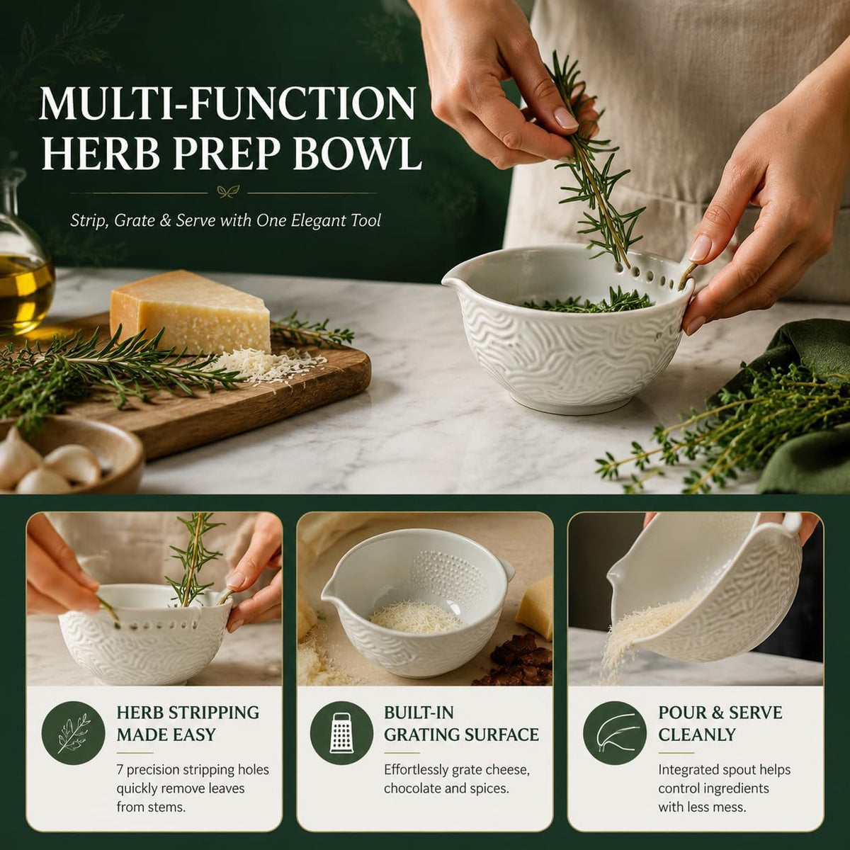 Herb Stripper Bowl, 3-in-1 Ceramic Herb Peeling Bowl