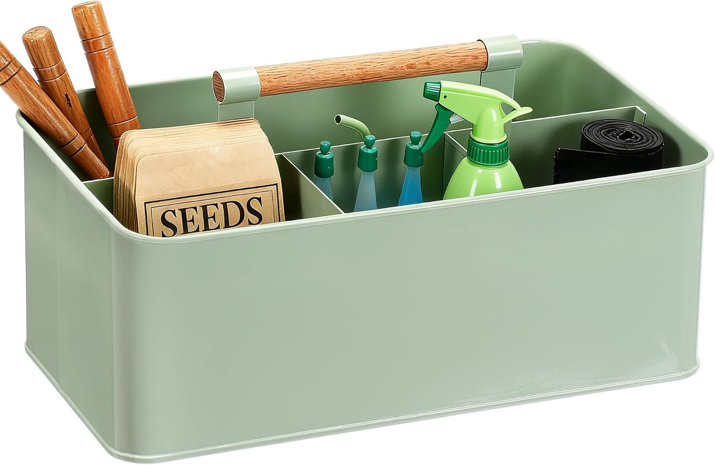 Caddy Organizer with Wooden Handle, Metal Utensil Caddy with 4 Compartments, Picnic Caddy Paper Plate Organizer Utensil Holder for Party