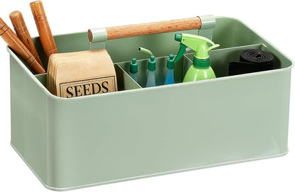 Caddy Organizer with Wooden Handle, Metal Utensil Caddy with 4 Compartments, Picnic Caddy Paper Plate Organizer Utensil Holder for Party