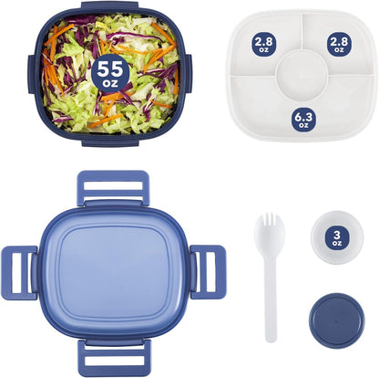 Salad Container for Lunch - 55 oz Salad Bowl with 4-Compartment Bento-Style Tray, 3 oz Sauce Box, Reusable Spork & BPA-Free, Lunch Box for Meal Prep & Food Storage(Gray)
