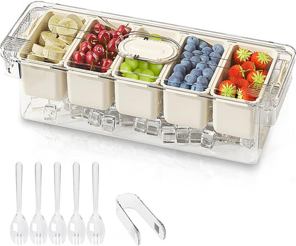 SVNNELP Ice Chilled Condiment Caddy Containers Server with Lid,Serving Fruit Tray Platter with 5 Removable Compartments,Garnish Tray for Party Supplies & Bar Accessories for Taco,Salad