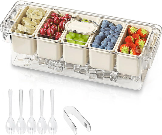 SVNNELP Ice Chilled Condiment Caddy Containers Server with Lid,Serving Fruit Tray Platter with 5 Removable Compartments,Garnish Tray for Party Supplies & Bar Accessories for Taco,Salad