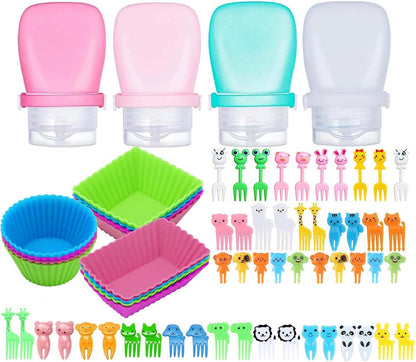 66 Pcs Bento Box Accessories Set with 1 oz Mini Condiment Squeeze Bottles, Silicone Lunch Box Dividers Cups and Animal Food Picks, Lunch Packing Supplies, Small Ketchup Bottle Containers for Meal Prep