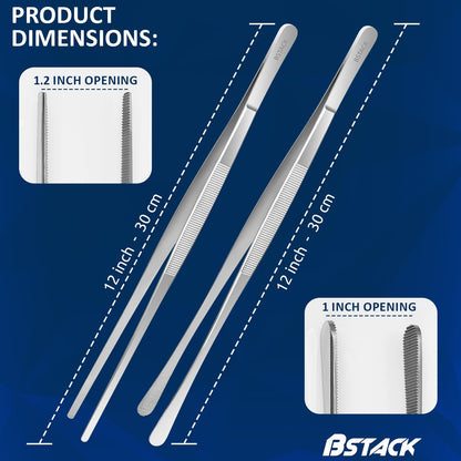 Brand Stack Kitchen Tweezers 12” Japanese Stainless-Steel Cooking Tong Tweezers Set of 2 with Precision Serrated Tip Premium Long Tweezers for Kitchen Serving Food Chef & Pasta Cooking tweezers.