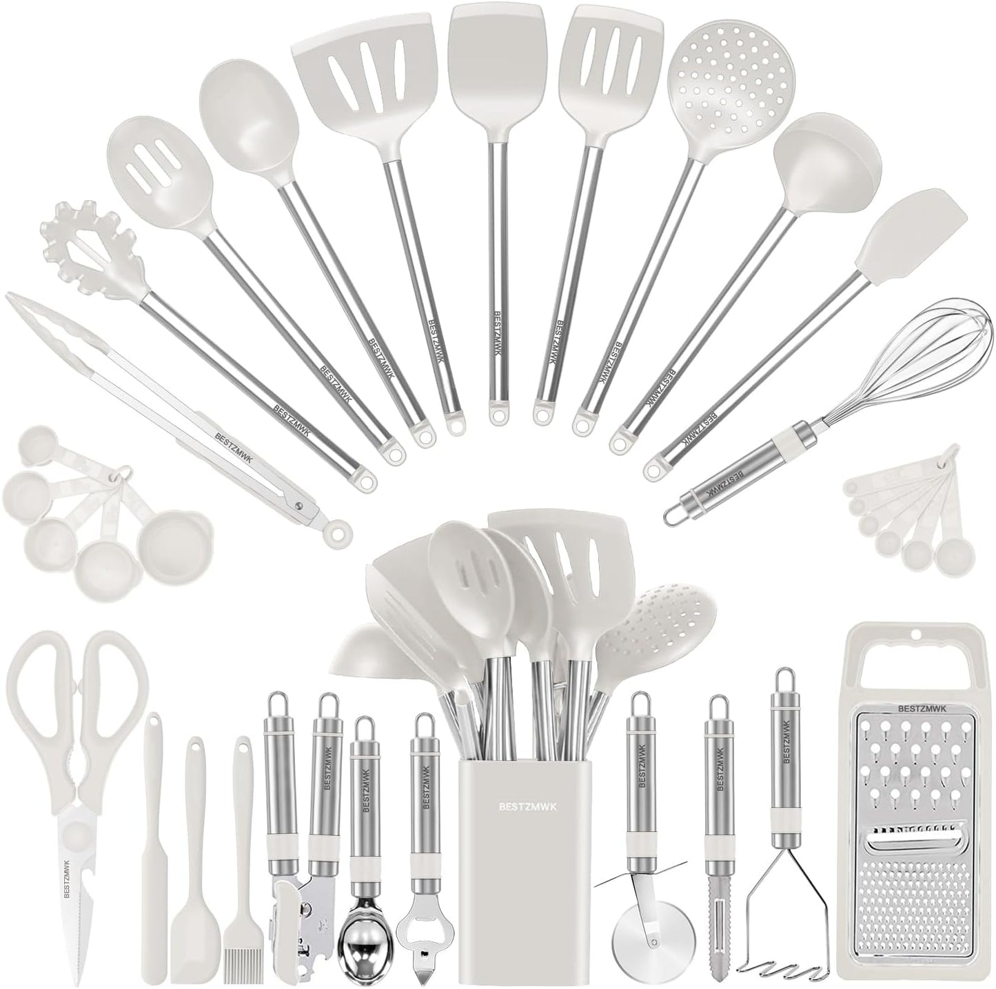 Kitchen Utensil Set-Silicone Cooking Utensils-33 Kitchen Gadgets & Spoons for Nonstick Cookware-Silicone and Stainless Steel Spatula Set-Best Kitchen Tools, Useful Pots (Khaki)