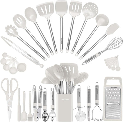 Kitchen Utensil Set-Silicone Cooking Utensils-33 Kitchen Gadgets & Spoons for Nonstick Cookware-Silicone and Stainless Steel Spatula Set-Best Kitchen Tools, Useful Pots (Khaki)
